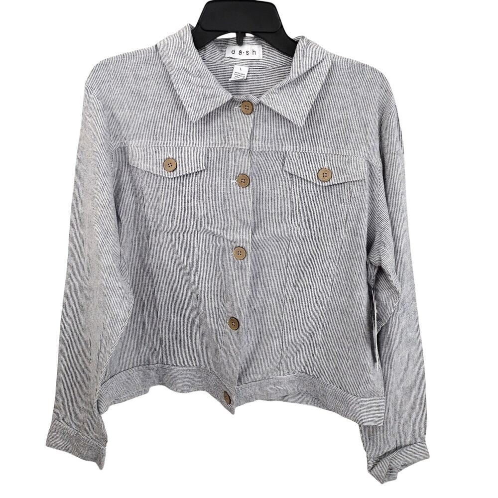 Dash NEW Striped Linen-Blnd Long-Slv Button-Up Cropped & Boxy Top Jacket Large